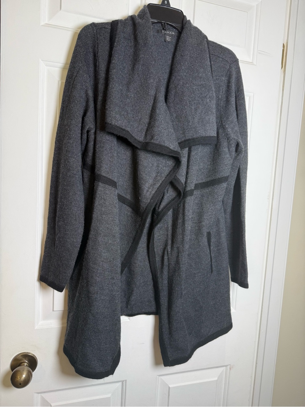 Tahari XL Gray Black Colorblock Knit Open Front Merino Wool Cardigan Jacket